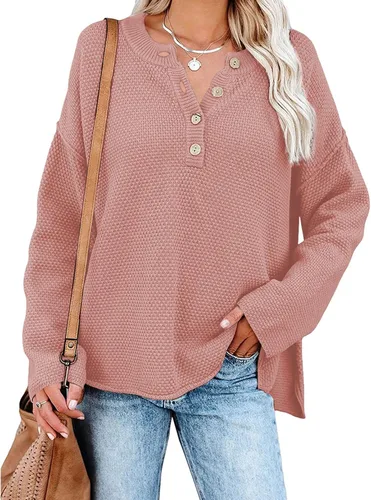 Vista 2 de Pink Queen Suéter de punto con cuello en V para mujer, de gran tamaño, manga larga tipo murciélago, estilo Henley