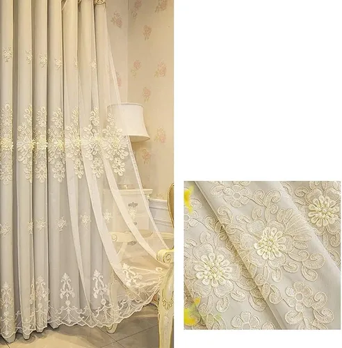 Vista 2 de Amidoudou 1 Par de Cortinas Europeas de Doble Capa Cortinas Bordadas de Lujo para Sala de Estar Dormitorio (Beige, 52x90 Pulgadas)