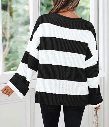 Vista 36 de ZESICA Suéter tejido sin botones de manga larga y cuello redondo, a rayas, bloques de color, cómodo, holgado, talla extragrande para mujer de 2024