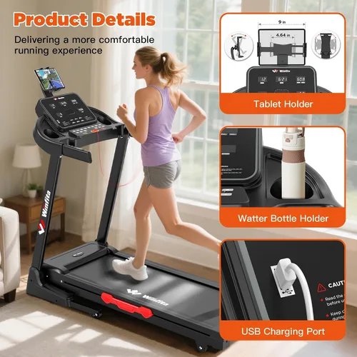 Vista 7 de 3.5HP Folding Treadmill Auto Incline, 300lbs, 8MPH, 17" Belt,64 Programs