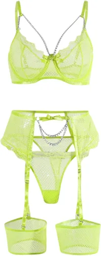 Vista 6 de Conjunto de liguero de red transparente para mujer, lencería para sexo, travieso, sexy, cadena con tiras y pestañas de encaje, brasier y braga