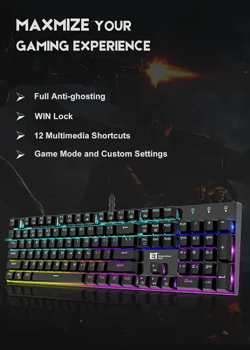 Vista 5 de Mechanical Gaming KeyboardWired 104 Keys RGB Keyboard with Blue Switch Programmable RGB Backlit for Windows Gaming PC