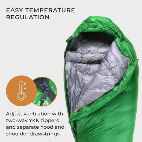 Vista 4 de Hyke & Byke Katahdin 32 F - Saco de dormir para senderismo y mochilero – 4 estaciones, 625FP ultraligero – Resistente al agua – Gris carbón – Corto