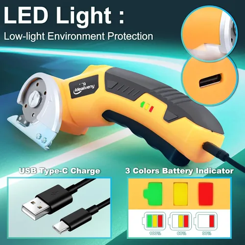 Vista 5 de Tijeras eléctricas inalámbricas – Cortador giratorio ligero de 4 V para cartón, cuero, plástico, alfombra, con 2 cuchillas, luz LED, bloqueo