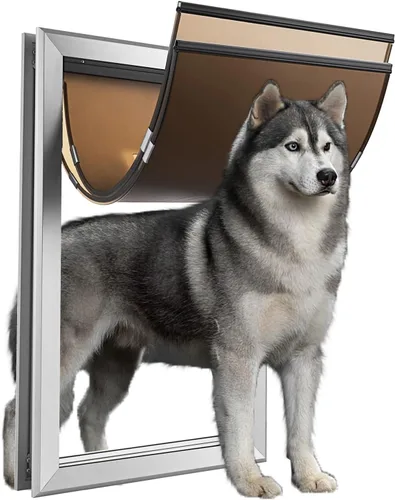Vista 9 de SmarketBuy Puerta grande para perro, puerta de aluminio resistente a la intemperie con cierre automático, paneles dobles fáciles de instalar, puerta