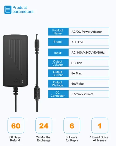Vista 2 de ALITOVE Fuente de alimentación de 12 V, 5 A, 12 voltios, CC, 60 W, adaptador de corriente de 100 ~ 240 V CA a CC 12 V, convertidor de 5 amperios 4A