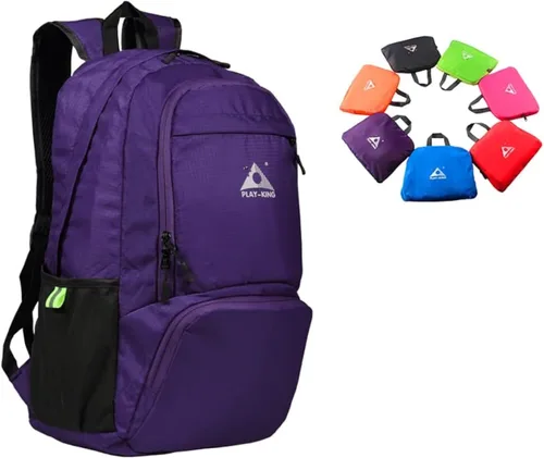 Vista 10 de PLAY-KING Mochila plegable impermeable ligera para ir de compras, viajes o senderismo, para hombres o mujeres Negro