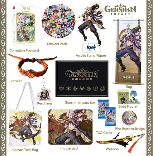 Vista 2 de LimuToy Genshin Impact Box Incluye caja ciega de figuras de impacto Genshin, bolsa de lona, bandera, figura de soporte, alfombrilla de mouse