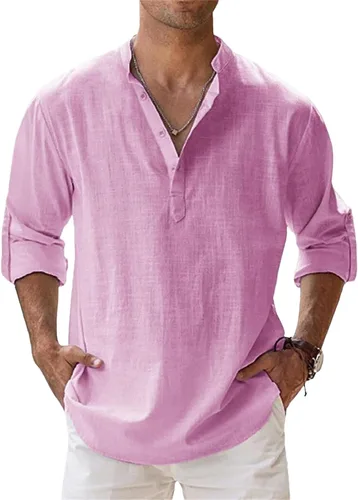 Vista 9 de Camisas de lino para hombre, de manga larga, con botones, de algodón, lino, talla grande, cuello de banda, color sólido, camisa de playa