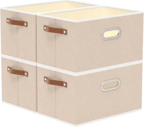 Vista 24 de Yawinhe Cestas de almacenamiento de tela, organizador plegable de armario para estantes, cajas grandes con 3 asas, contenedores de lona para ropa