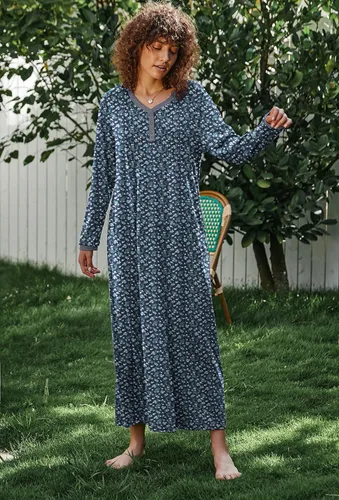 Vista 5 de Ekouaer - Camisón de manga larga para mujer, estilo informal con botones, Henley, vestido de dormir largo