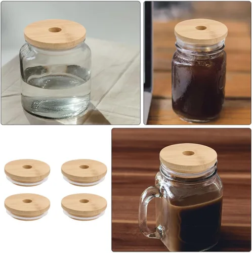 Vista 3 de UPKOCH Tarro de conservas para tarros de yogur, 4 unidades, tapas de bambú, tapa de tarro de vidrio, tapa de madera color madera
