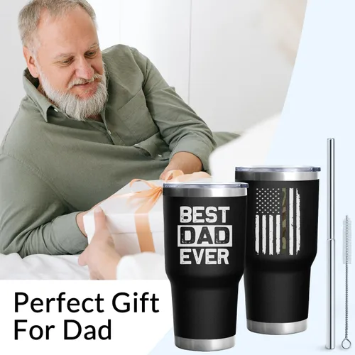 Vista 2 de Vaso de acero inoxidable aislado de 30 onzas con tapa y popote para el Día del Padre, Navidad y cumpleaños