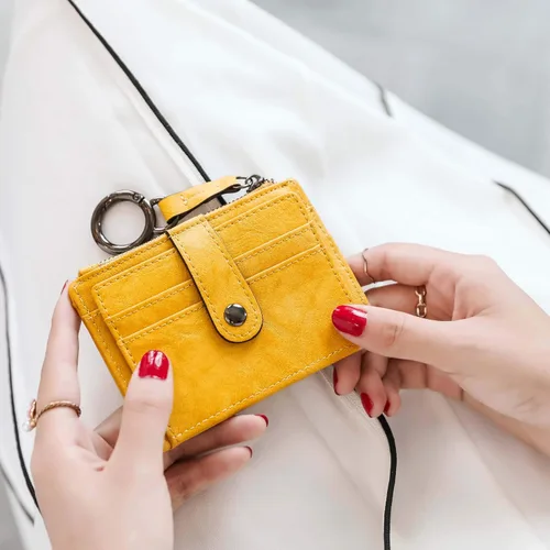 Vista 6 de Pofee XIO - Tarjetero de RFID delgado y minimalista para mujer, con bolsillo frontal, mini monedero con llavero