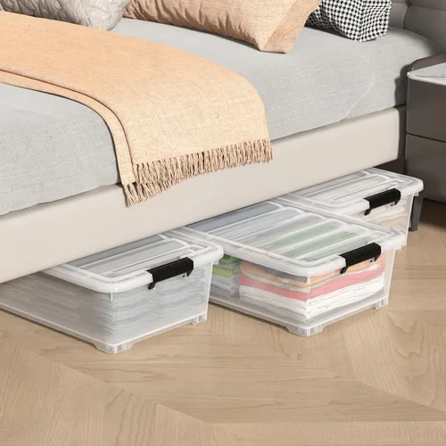 Vista 3 de 4 paquetes de contenedores de plástico transparente de 20 L para debajo de la cama con tapas y ruedas, bolsas de almacenamiento de plástico