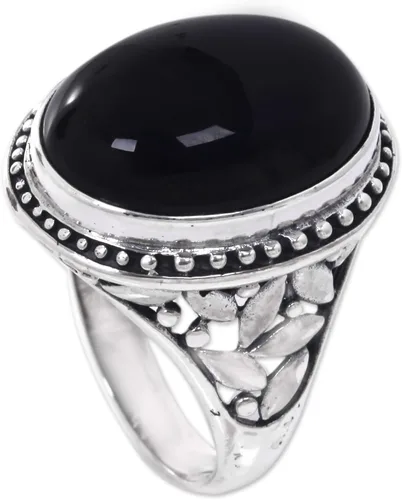 Vista 3 de NOVICA Onyx - Anillo floral de plata de ley 925, color negro