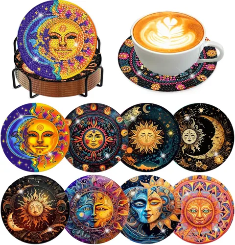 Vista 34 de Meothan Juego de 8 posavasos de arte de diamante para adultos con soporte, almohadillas de corcho, posavasos de arte de puntos de diamante de vidrio