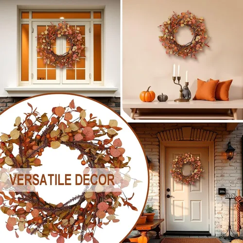 Vista 6 de Corona de otoño de 20 pulgadas para puerta delantera, decoración de otoño con hojas de eucalipto naranja, coronas rústicas de cosecha de Acción