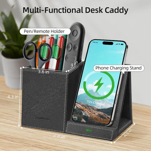 Vista 3 de TopMade Cargador inalámbrico con soporte para lápiz para bolígrafo, organizador de mesita de noche de escritorio multifuncional de cuero, estación