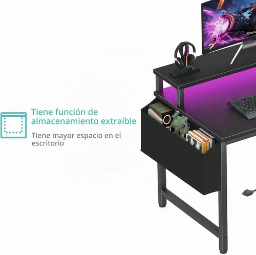 Vista 7 de Lufeiya Escritorio pequeño con tomas de corriente y luces LED, mesa de estudio de escritura para adolescentes de 32 pulgadas, escritorio para Negro
