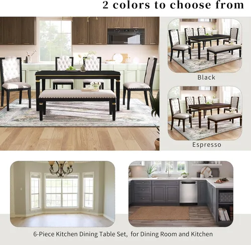Vista 5 de Harper & Bright Designs 6-Piece Solid Wood Kitchen Dining Table Set, 60" Rectangular Table with 4 High-Back Tufted Upholstered Chairs & 1 Bench for