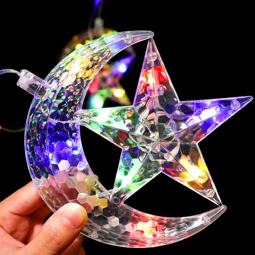 Vista 3 de Geelin Decoraciones de Ramadán para el hogar, tira de luces LED Eid para ventana, 3 pies, 4 pilas de luna y estrella y luces de Ramadán alimentadas