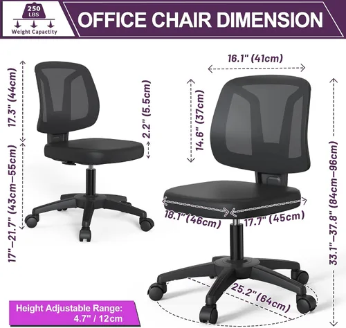 Vista 2 de Silla giratoria ecgonómica flexible para escritorio en casa, sin brazos con altura ajustable y soporte lumbar para adultos y niños