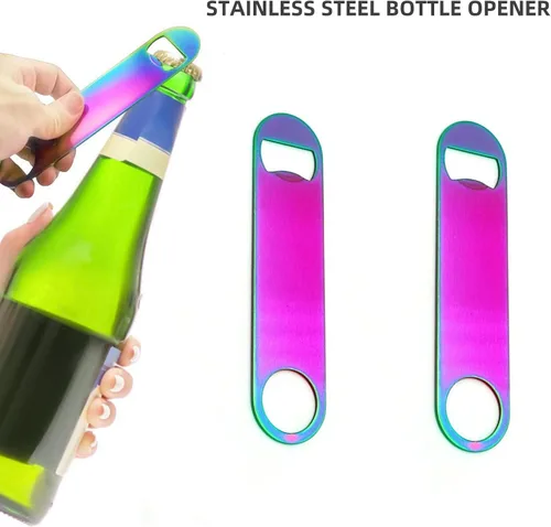 Vista 5 de Abrebotellas plano de acero inoxidable de color arcoíris, resistente y duradero, 2 piezas para enviar a amigos, adecuado para bares, camareros