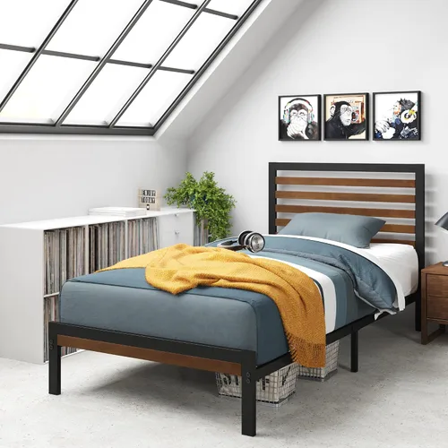 Vista 9 de Zinus Kai - Base de cama de bambú y metal con cabecero, no necesita somier, fácil montaje, individual, color marrón