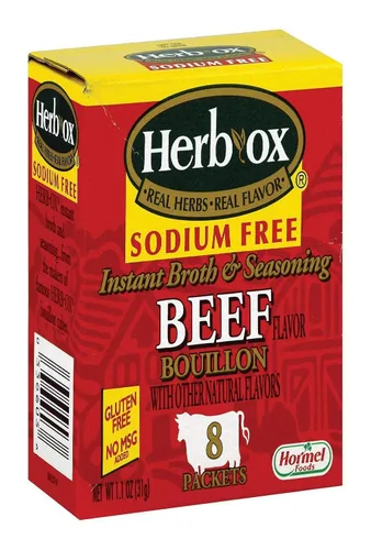 Vista 2 de Herb-Ox Bouillon Packets Caldo instantáneo y condimento sin sodio Caja de 1.1 oz (sin gluten)