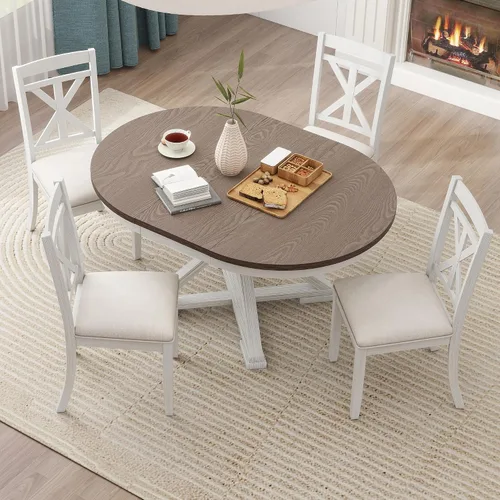 Vista 3 de Harper & Bright Designs Juego de mesa de comedor redonda de 5 piezas, juego de mesa de comedor retro con mesa redonda extensible y 4 sillas
