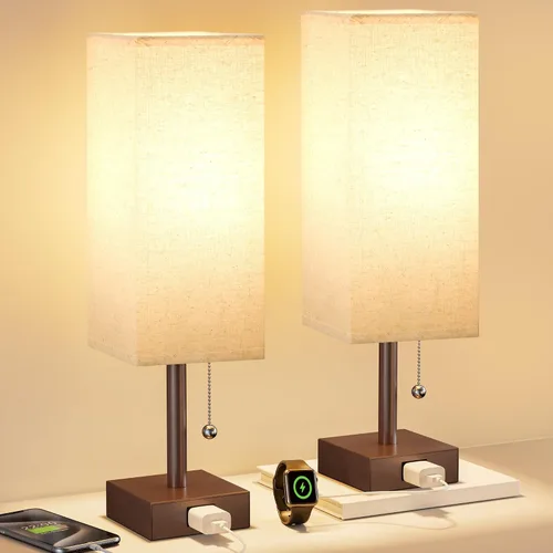 Vista 19 de Fenmzee Juego de 2 lámparas de noche para dormitorio, pequeña lámpara rectangular para mesita de noche con puerto de carga USB A C, luz
