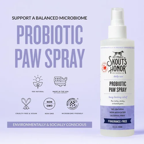 Vista 2 de Skout's Honor Spray probiótico para patas para perros, certificado para microbiomas, sin alcohol, sin fragancia y sin medicamentos, apoya la piel