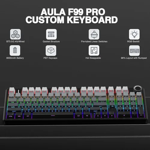 Vista 2 de AULA Teclado mecánico inalámbrico F99 Pro con perilla, estructura de junta, triple modo BT5.0USB-C2.4GHz teclado intercambiable en caliente, sonido