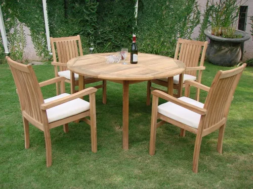 Vista 2 de Juego de comedor de madera de teca Grade-A de 4 plazas y 5 piezas de madera de teca de grado A: mesa redonda de 48 pulgadas y 4 sillas con brazos
