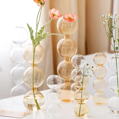 Vista 2 de Jarrón hidropónico de cristal dorado, 2 piezas, moderno florero de 4 bolas, jarrón de cristal, jarrón de vidrio, decoración de mesa para el hogar
