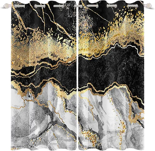 Vista 4 de Cortinas opacas de mármol negro y gris para hombre joven, estilo gótico, decoración de sala de estar, cortinas abstractas de rayas doradas, juego