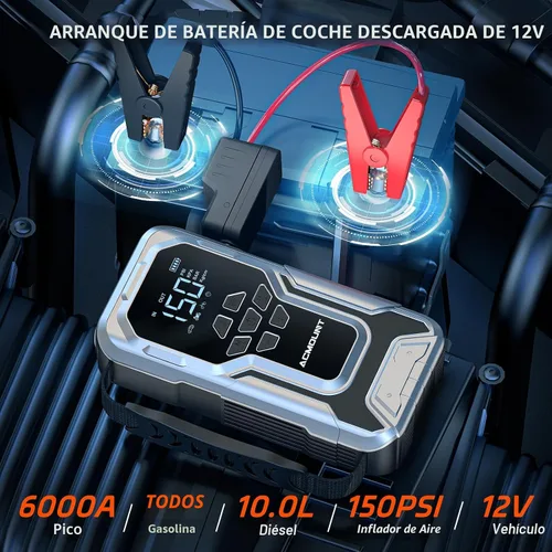 Vista 2 de Acmount D18 Arrancador de salto con compresor de aire, batería de coche de 6000 A arrancador portátil (todo gasolina/10.0L diesel), bomba de aire
