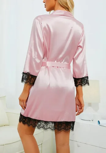Vista 4 de LYANER Conjunto de pijama de 4 piezas para mujer con ribete de encaje floral satinado con bata