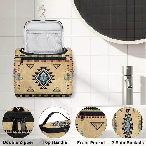 Vista 3 de Neceser de viaje para mujeres y hombres, étnico azteca, bolsa organizadora de cosméticos colgante, bolsa de maquillaje portátil resistente al agua