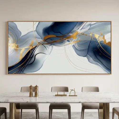 Vista 5 de HUADAOART Arte para pared, pintura abstracta, arte moderno, fondo dorado y azul, impresiones en lienzo para sala de estar, dormitorio, obras de arte