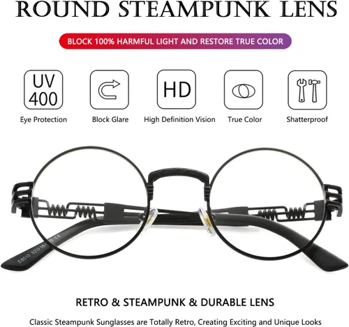 Vista 3 de AIEYEZO Gafas de sol redondas steampunk Circle Lennon Hippie, marco de metal, lente de bloqueo UV 100%