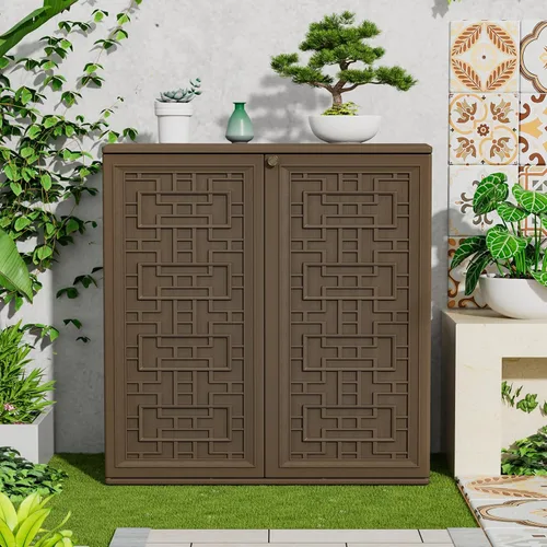Vista 6 de HOMSPARK Armario de almacenamiento para interiores y exteriores con puertas y estante, caja de almacenamiento de plástico HDPE de 34 x 16 x 36 Marrón