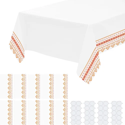 Vista 11 de Paquete de 2 manteles de plástico blanco, 108 x 54 pulgadas, manteles rectangulares desechables bohemios para bodas, pícnics y fiestas