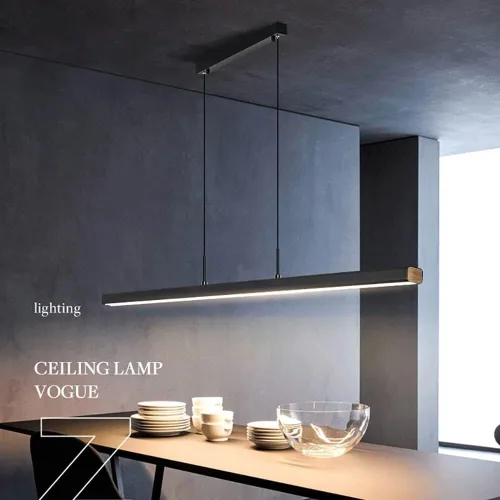 Vista 7 de Isla de cocina negra larga barra colgante Candelabros modernos 4000K luces colgantes creativas lineales lámparas de suspensión para sala de estar