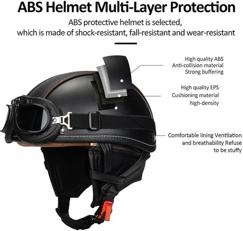 Vista 2 de Casco Moto Retro ABS Ligero 22.93 oz DOT Homologado - Medio Casco Jet para Hombre y Mujer con Doble Ventilación, Forro Desmontable y Hebilla Rápida