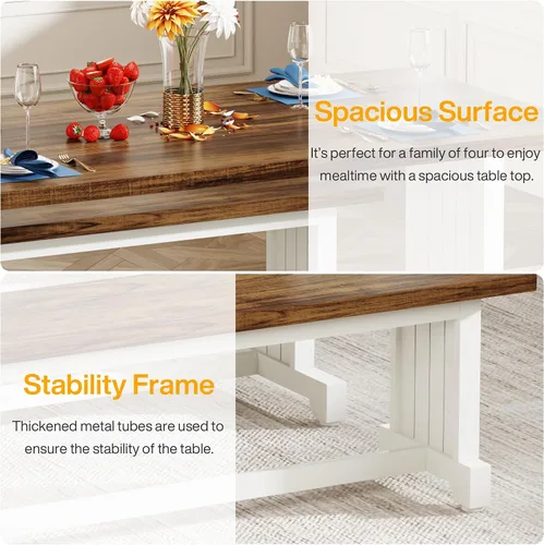 Vista 5 de Tribesigns Juego de mesa de comedor de 47 pulgadas para 4, mesa de cocina de 3 piezas con 2 bancos, muebles de cena de madera de granja