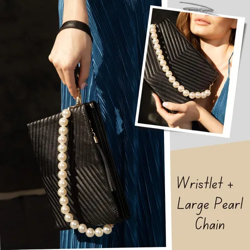 Vista 5 de Before Ever Bolsos de mano de pulsera de doble bolsa para mujer bolso de mano grande de noche con cruzado de perlas blancas