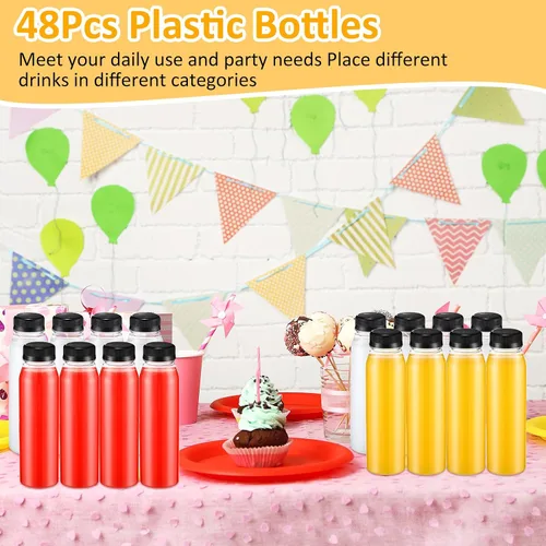 Vista 3 de Uiifan - 48 botellas de jugo de 10 onzas con tapas, botellas de plástico a granel con tapas, recipientes vacíos reutilizables transparentes