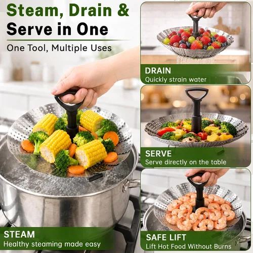 Vista 4 de Cesta de vapor para olla, cesta de vapor de verduras de acero inoxidable para cocinar con diseño plegable expandible y mango extensible, se adapta a